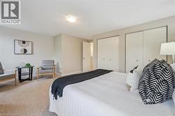 Carpeted bedroom with two closets and baseboards - 