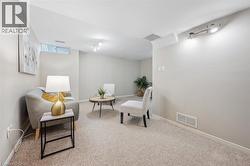 Living area with carpet floors and rail lighting - 