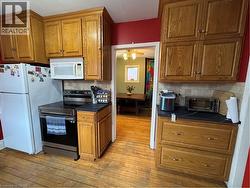 The kitchen features natural wood cabinetry, a double gooseneck sink framed by a wide window view, and access to the semi-refinished mudroom. Appliances included: fridge, stove, range hood, microwave, - 