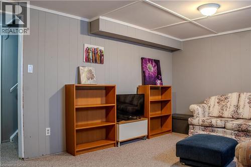Basement living area with light colored carpet, wainscot ceiling, and shiplap walls - 48 Riverdale Drive Unit# 2, Hamilton, ON - Indoor