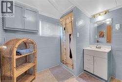 bathroom with 3 pc shower ( glass doors in shed) - 