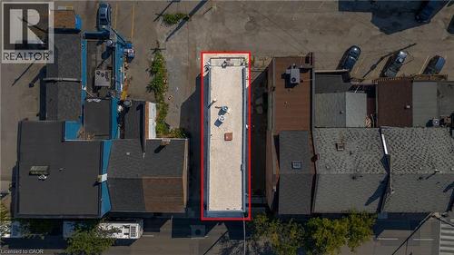 Aerial overview of property's location with property parcel outlined - 93 John Street S, Hamilton, ON 