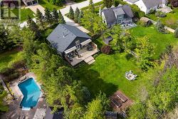 Aerial view of the backyard, framed by trees - 