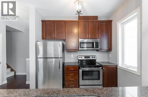 Kitchen with stainless steel appliances, dark stone counters, and dark wood-style flooring - 4 Andruss Lane, Ancaster, ON - Indoor Photo Showing Kitchen With Stainless Steel Kitchen