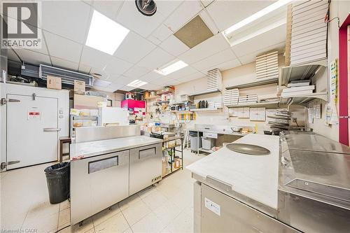 Kitchen with a paneled ceiling, stainless steel countertops, and open shelves - 223 Louisa Street, Kitchener, ON 