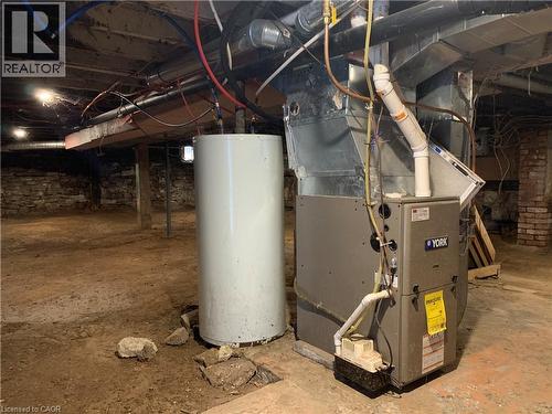 Utilities featuring water heater and heating unit - 405 Macnab Street N, Hamilton, ON - Indoor Photo Showing Basement