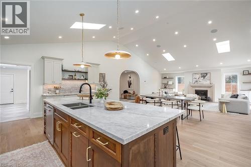 251 Glen Afton Drive, Burlington, ON - Indoor Photo Showing Kitchen With Fireplace With Double Sink With Upgraded Kitchen