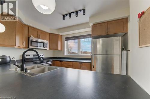 Kitchen featuring wood finish cabinetry, stainless steel appliances, dark countertops, and rail lighting - 9 Outlook Terrace, Kitchener, ON - Indoor Photo Showing Kitchen With Stainless Steel Kitchen With Double Sink