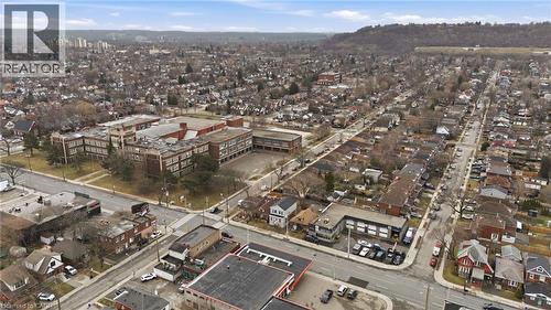 Aerial view of property and surrounding area with property parcel outlined - 1278 Main Street E, Hamilton, ON - 
