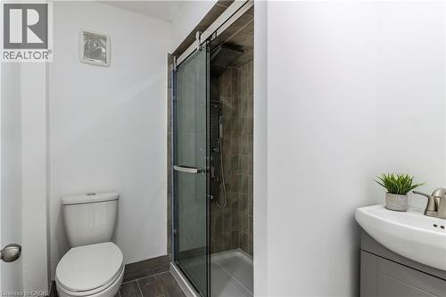 Bathroom with vanity, a stall shower, and wood tiled floors - 1411 E 56 Highway, Glanbrook, ON - Indoor Photo Showing Bathroom