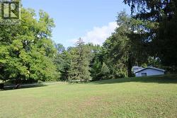 View of green lawn featuring view of wooded area - 