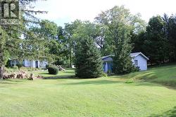 View of grassy yard featuring view of wooded area - 