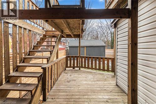 Wooden terrace featuring stairway and a storage shed - 57 New Street, Hamilton, ON - Outdoor With Deck Patio Veranda With Exterior