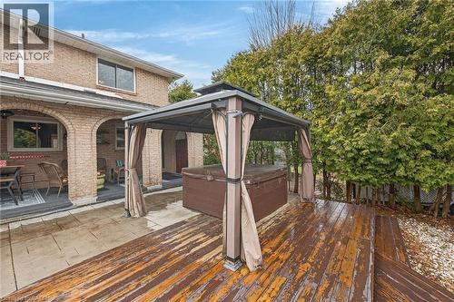 Wooden terrace featuring a gazebo, a patio, and a hot tub - 22 Woodside Drive, Hamilton, ON - Outdoor With Deck Patio Veranda