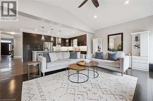Living area with ceiling fan, recessed lighting, vaulted ceiling, and dark wood-style flooring - 469 Woodbine Avenue, Kitchener, ON - Indoor Photo Showing Living Room
