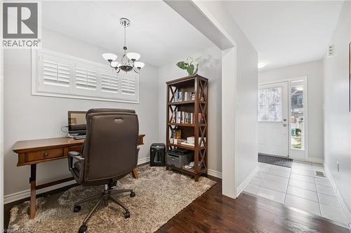 Office space with wood finished floors and a chandelier - 38 Park Glen Street, Kitchener, ON - Indoor Photo Showing Office