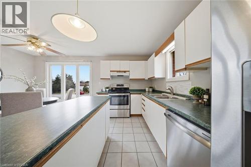 Kitchen with white cabinets, dark countertops, stainless steel appliances, and ceiling fan - 7 Forest Drive, Paris, ON - Indoor Photo Showing Kitchen With Double Sink