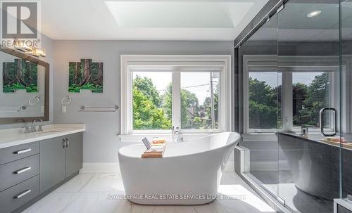 Primary Ensuite w/Freestanding Tub & Skylight - 2163 Deyncourt Drive, Burlington, ON - Indoor Photo Showing Bathroom