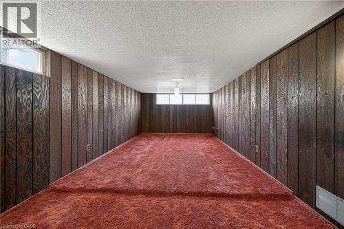 Basement with a textured ceiling, wooden walls, and carpet - 122 Glen Forest Drive, Hamilton, ON - Indoor Photo Showing Other Room