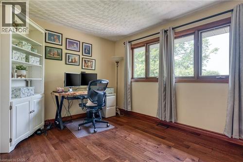 Office space with dark wood-style floors and a textured ceiling - 15 Marquette Drive, Kitchener, ON - Indoor Photo Showing Office