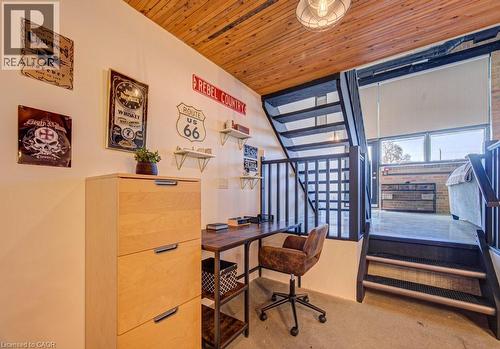 Office area featuring wooden ceiling - 85 Spruce Street Unit# 103, Cambridge, ON - Indoor