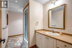 Bathroom featuring stone finish flooring, a drop ceiling, vanity, and a shower stall - 