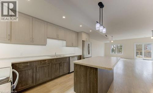 Kitchen with light countertops, open floor plan, stainless steel appliances, a kitchen island, and light wood-style floors - 113 Walter Street, Kitchener, ON - Indoor Photo Showing Kitchen