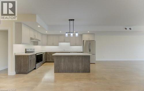 Kitchen featuring light countertops, stainless steel appliances, decorative light fixtures, and light wood-type flooring - 113 Walter Street, Kitchener, ON - Indoor Photo Showing Kitchen