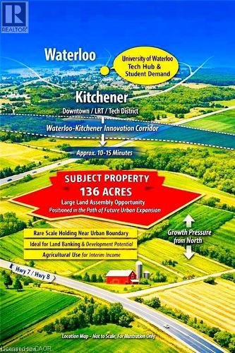 Promotional Graphic. Depicting a 136-acre property and its regional context, highlighting potential development and land use characteristics - 2265 Snyder'S Road E, Kitchener, ON 