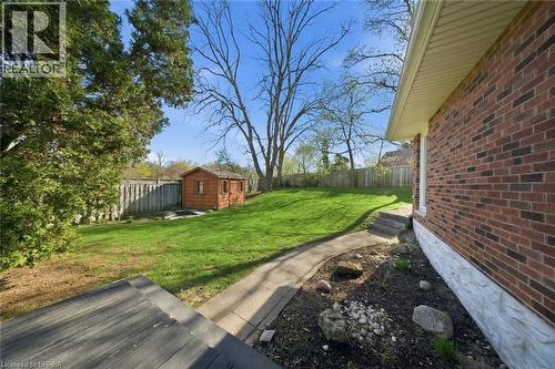 Expansive backyard featuring a green lawn, wood fence, and a storage shed - 71 Pinecrest Drive, Kitchener, ON - Outdoor