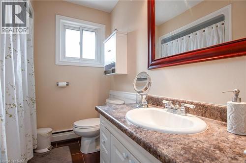 Bathroom with vanity, a shower with curtain, and a baseboard radiator - 129 River Road E, Kitchener, ON - Indoor Photo Showing Bathroom