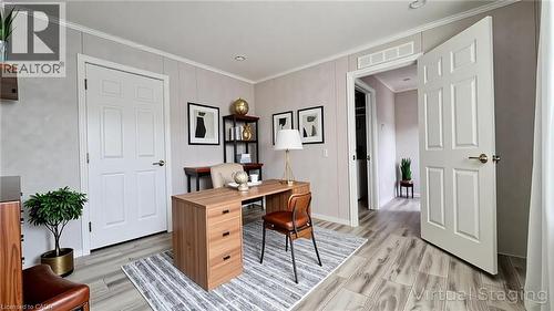 Office area with ornamental molding, light wood-style flooring, and recessed lighting - 24 Macpherson Crescent, Flamborough, ON - Indoor