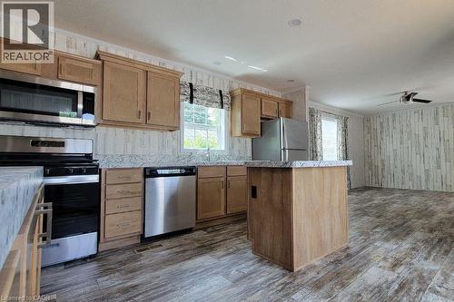 Kitchen featuring appliances with stainless steel finishes, dark wood-style floors, a center island, a ceiling fan, and ornamental molding - 77 Park Lane, Flamborough, ON - Indoor Photo Showing Kitchen