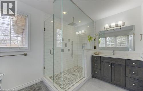 Full bathroom with vanity, a stall shower, light tile patterned floors, and recessed lighting - 306 Roxton Drive, Waterloo, ON - Indoor Photo Showing Bathroom