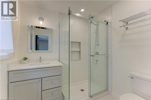 Bathroom featuring vanity, a shower stall, and recessed lighting - 395 Warrington Drive, Waterloo, ON - Indoor Photo Showing Bathroom