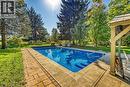 Outdoor pool featuring a yard, a patio area, and a storage unit - 5590 Blind Line, Burlington, ON  - Outdoor With In Ground Pool With Backyard 