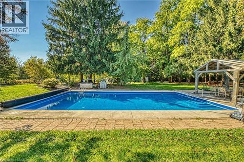 Outdoor pool featuring a lawn, a patio, and view of wooded area - 5590 Blind Line, Burlington, ON - Outdoor With In Ground Pool With Backyard