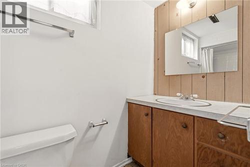Bathroom with wooden walls, curtained shower, and vanity - 890 Falcon Boulevard, Burlington, ON - Indoor Photo Showing Bathroom