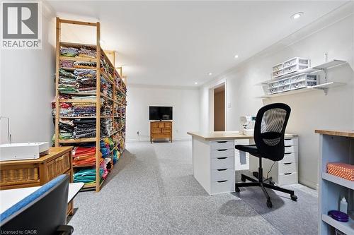 Office with light colored carpet, crown molding, and recessed lighting - 92 Schroder Crescent, Guelph, ON - Indoor Photo Showing Office