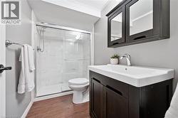 Bathroom featuring vanity, a shower stall, dark wood-style floors, and crown molding - 