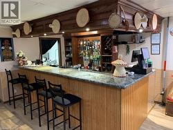 Bar featuring dark stone countertops - 