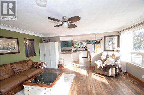 Living room with light wood-type flooring, a textured ceiling, ceiling fan, a chandelier, and crown molding - 535 Mcdowell Road E, Simcoe, ON 