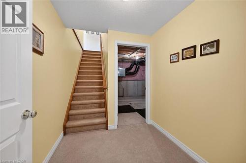 Stairs featuring carpet floors and a textured ceiling - 48 Hallmark Trail, Hamilton, ON - Indoor Photo Showing Other Room