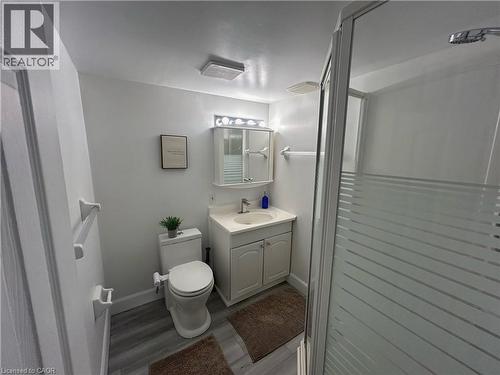 Bathroom with a shower stall, vanity, and light wood-style floors - 206A Springfield Crescent Unit# Lower, Waterloo, ON - Indoor Photo Showing Bathroom