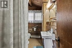 Bathroom with lofted ceiling, a baseboard radiator, and wood walls - 