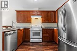 Kitchen with stainless steel appliances, dark wood-type flooring, light stone counters, and wood finish cabinetry - 