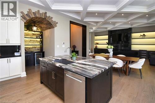 Two tone kitchen featuring stainless steel dishwasher, coffered ceiling, an island with sink, beverage cooler, and recessed lighting - 68 Mountain Brow Boulevard, Hamilton, ON - Indoor Photo Showing Kitchen With Upgraded Kitchen
