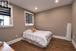 Bedroom featuring dark wood-style flooring, multiple windows, and recessed lighting - 