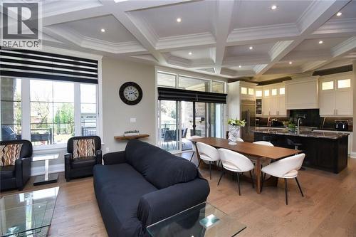 Living area with coffered ceiling, light wood-style floors, recessed lighting, and crown molding - 68 Mountain Brow Boulevard, Hamilton, ON - Indoor Photo Showing Living Room