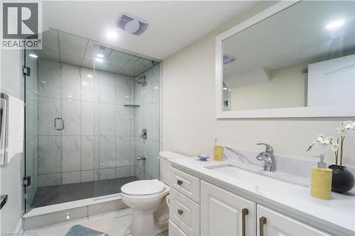 Bathroom with vanity and a marble finish shower - 150 Goodwin Crescent Unit# Bsmt, Milton, ON - Indoor Photo Showing Bathroom